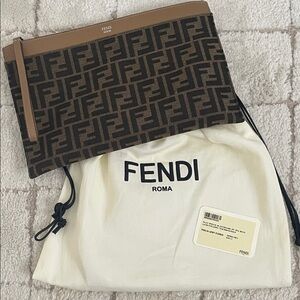 Fendi Logo Patterned Pouch in Brown and Tan